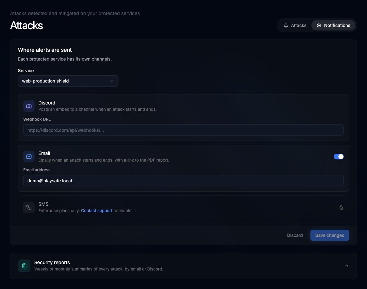 Notifications tab with the service selector, Discord webhook, email and the locked SMS row