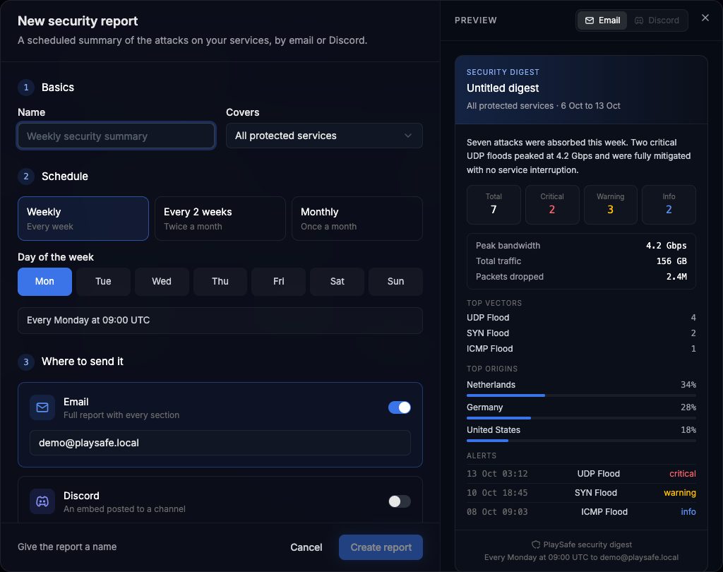 New security report dialog with the basics, schedule and channels, and the email preview