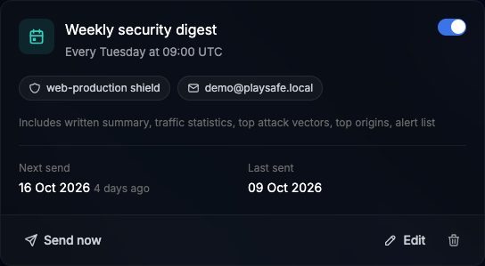 A security report card with its schedule, channels, next send and last sent dates