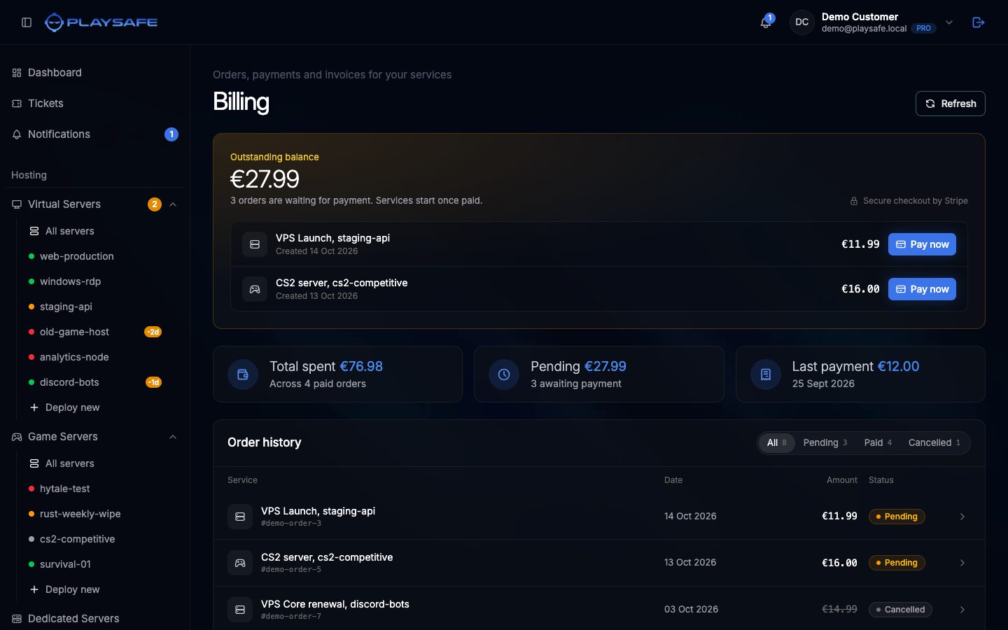 Billing page with the outstanding balance, the summary cards and the order history