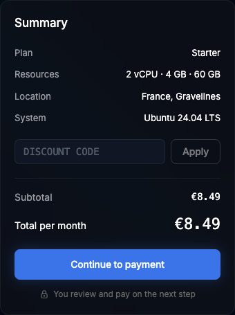 Summary box of the VPS deploy page with the Discount code field