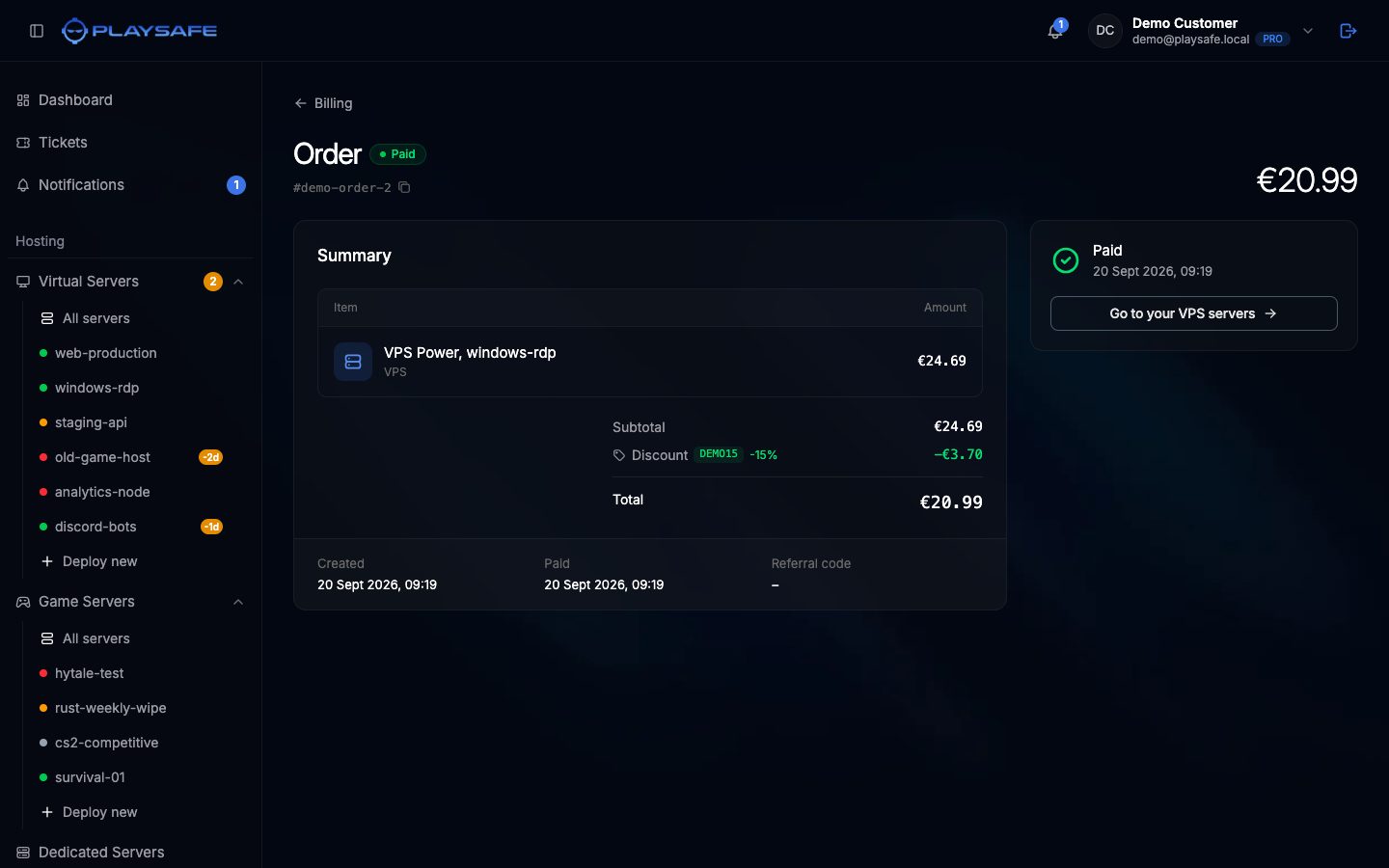 Order page of a paid order with a discount code applied
