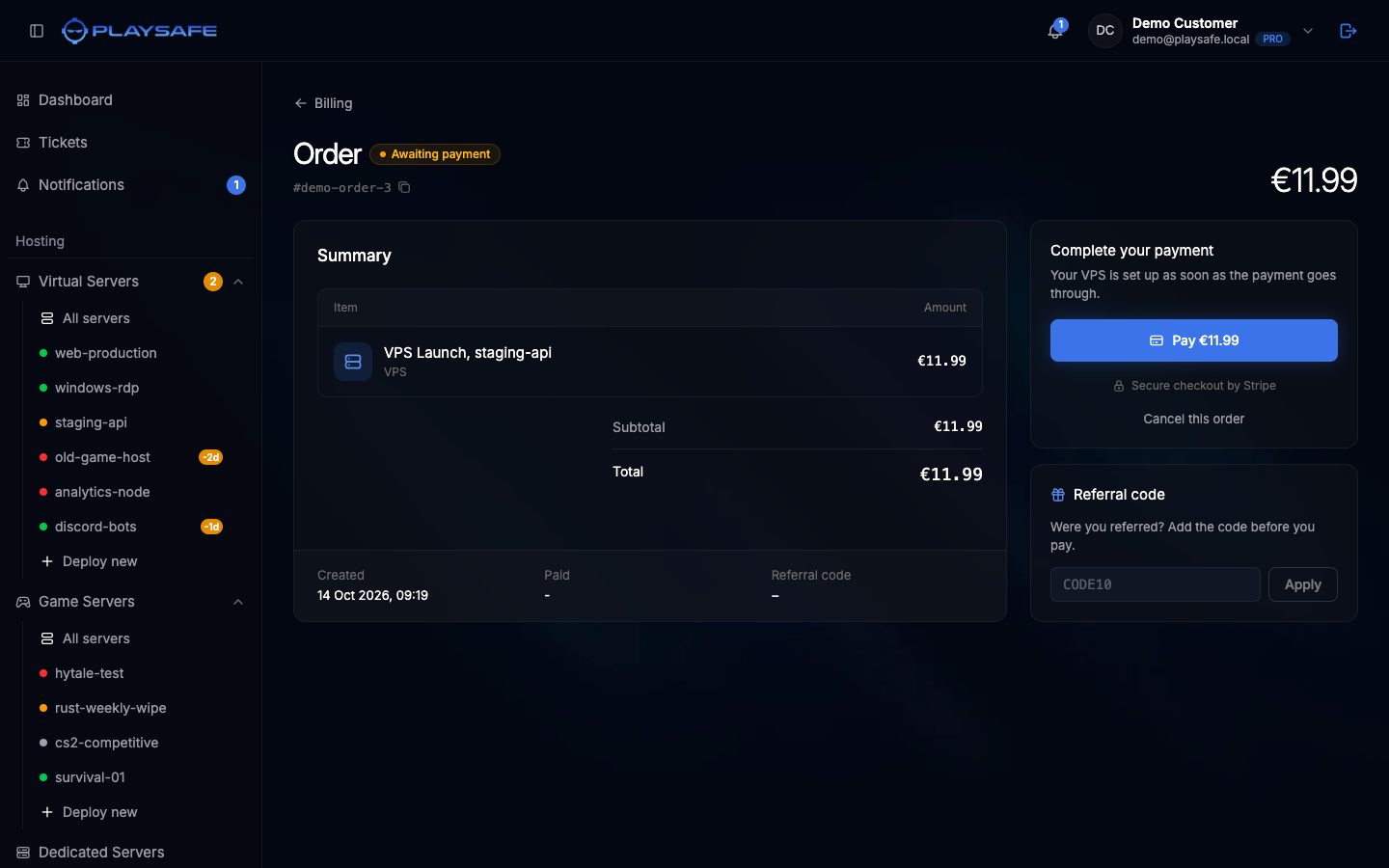 Order page of an unpaid order with the Pay button, the Cancel this order link and the Referral code box