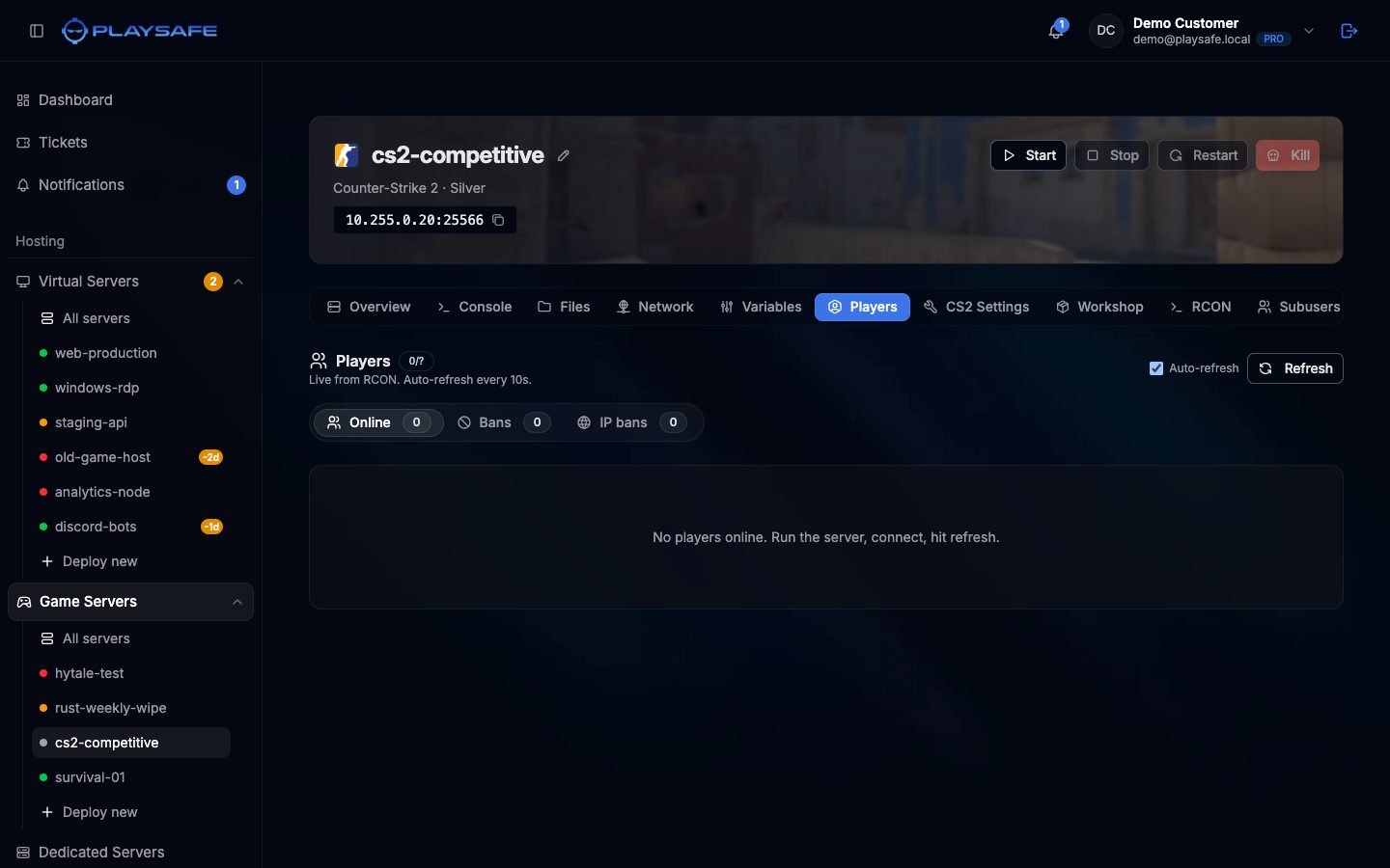 Players tab of a CS2 server with the Online, Bans and IP bans subtabs