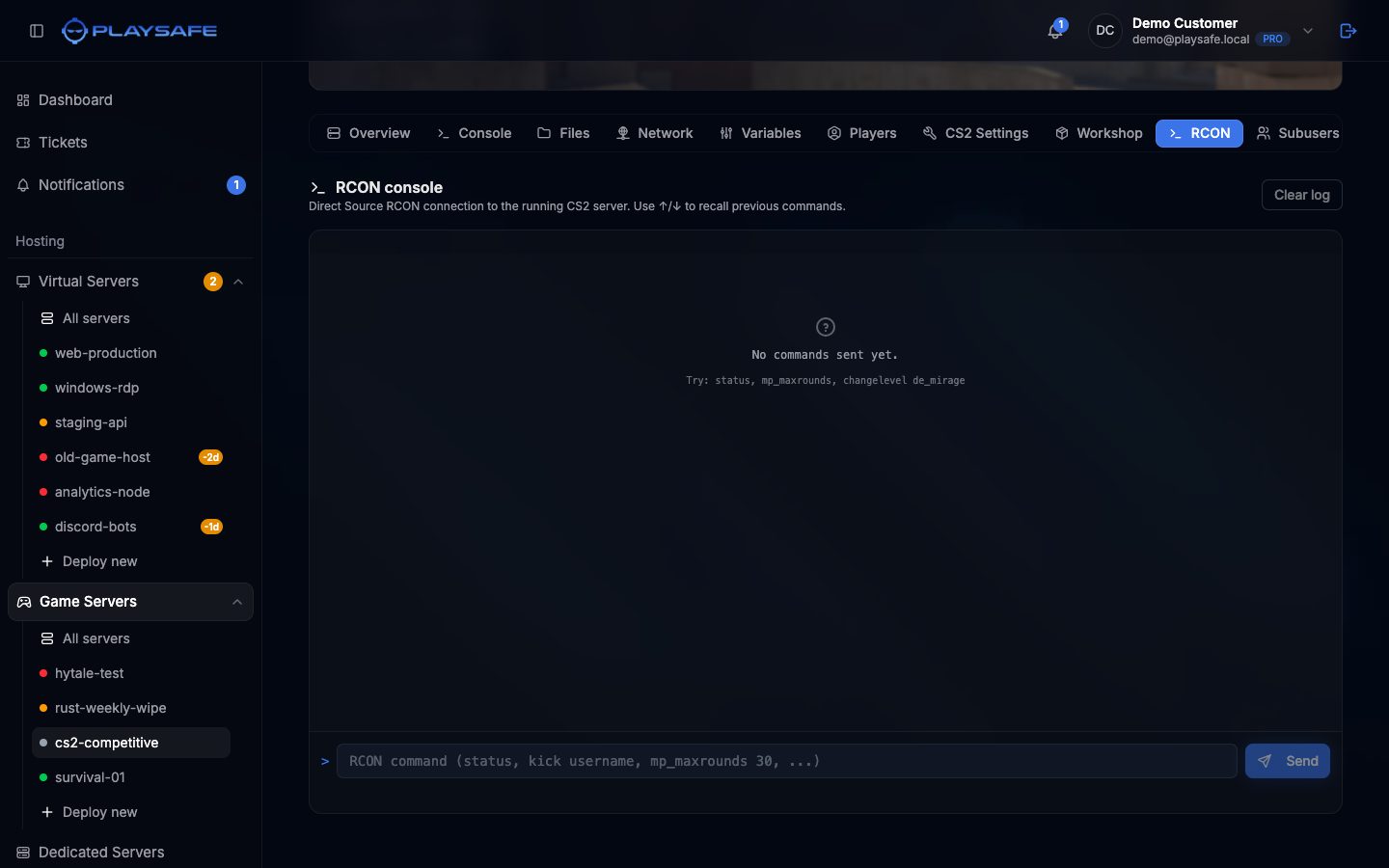 RCON console tab with an empty log and the command examples