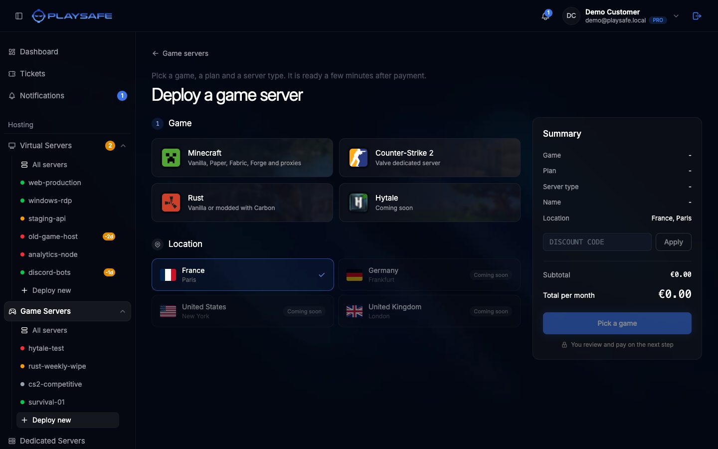 Deploy a game server page with the game cards and the summary