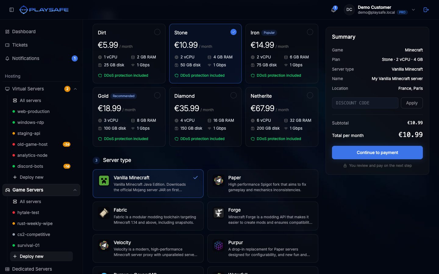 Plan cards and server type cards with the summary on the right