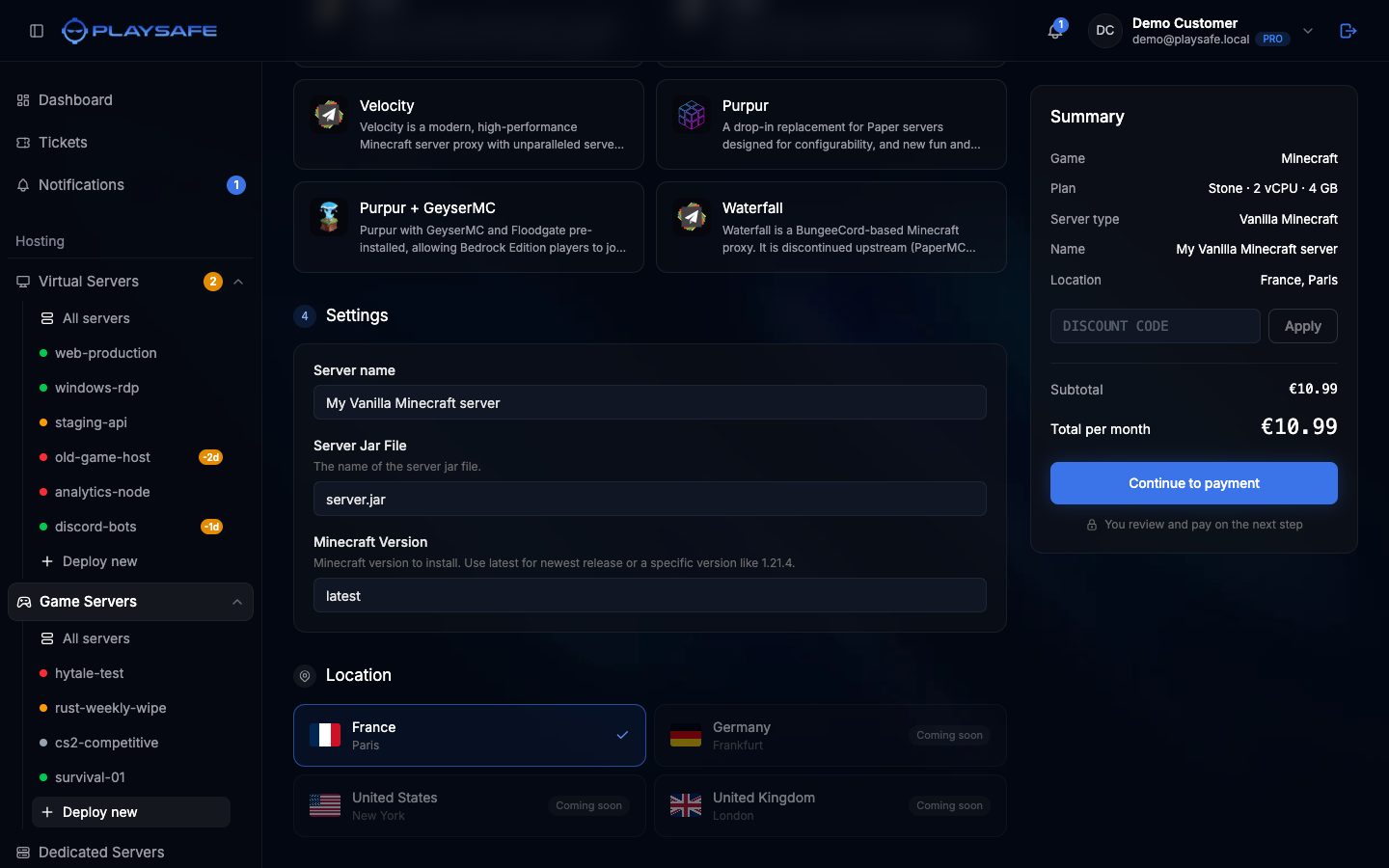 Settings step with the server name and startup settings, location and summary