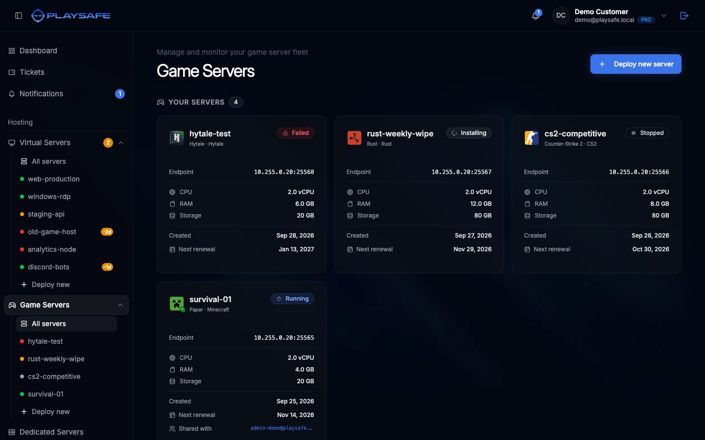 Game Servers list with one card per server