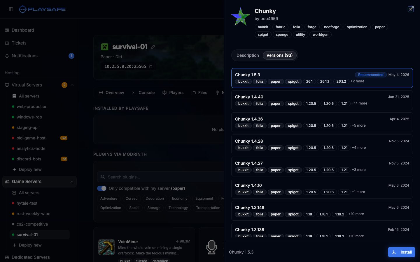 Project sheet with the Versions tab open, a Recommended version selected and the Install button