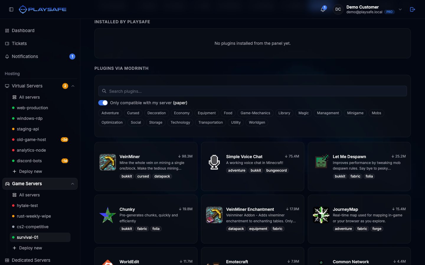 Mods tab with the installed list, the Modrinth search, compatibility switch, category chips and result cards