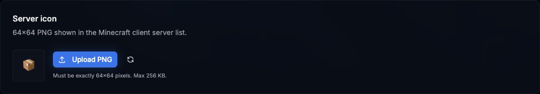 Server icon card with a placeholder preview and the Upload PNG button