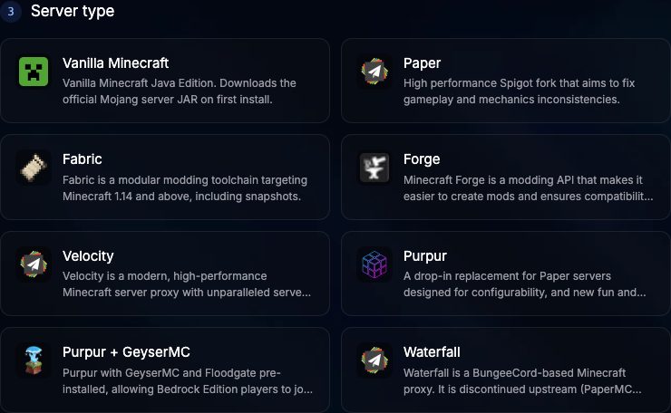 Server type step of the deploy page with the eight Minecraft server types