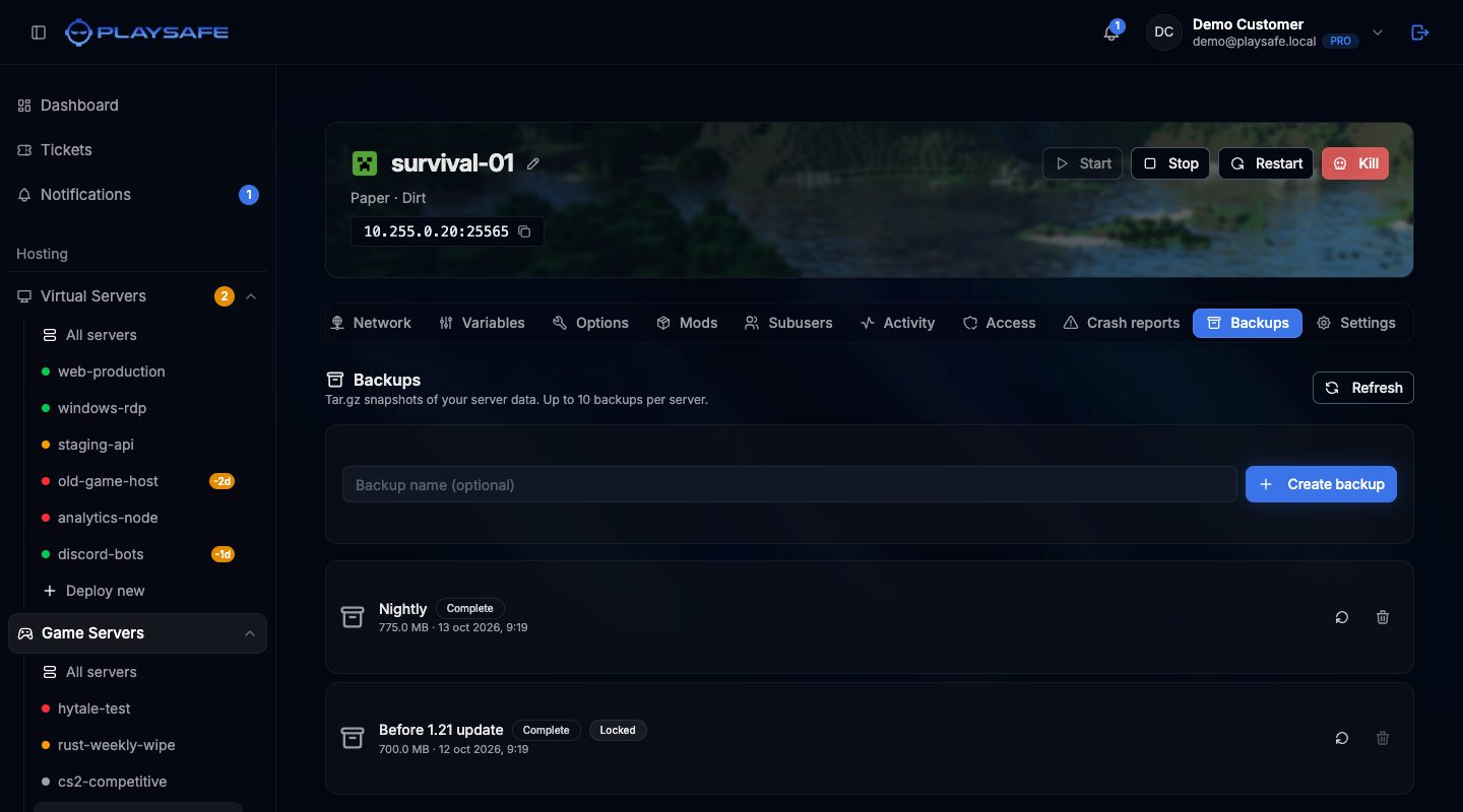 Backups tab with the create field and two completed backups