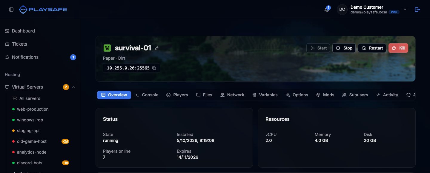Game server page with the header, power buttons, tabs and the Overview tab