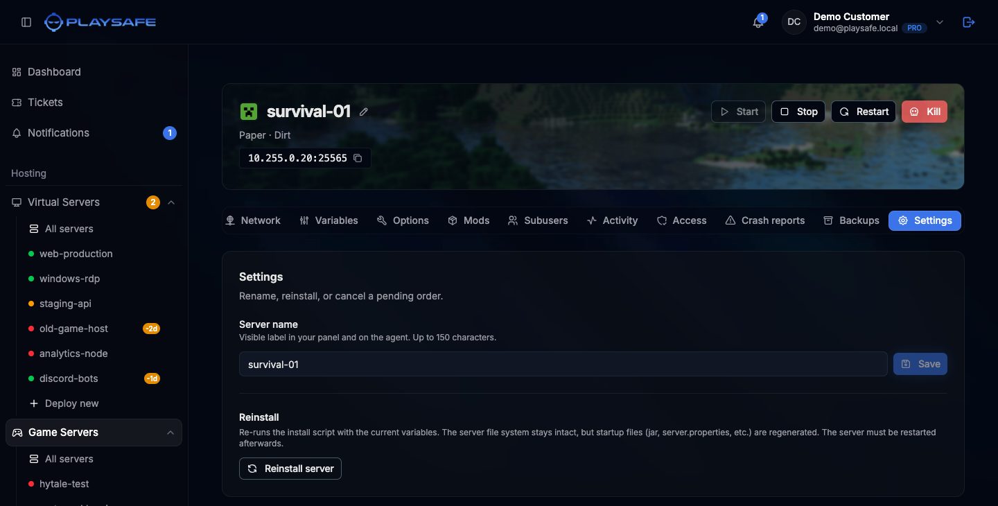 Settings tab with the Server name and Reinstall sections
