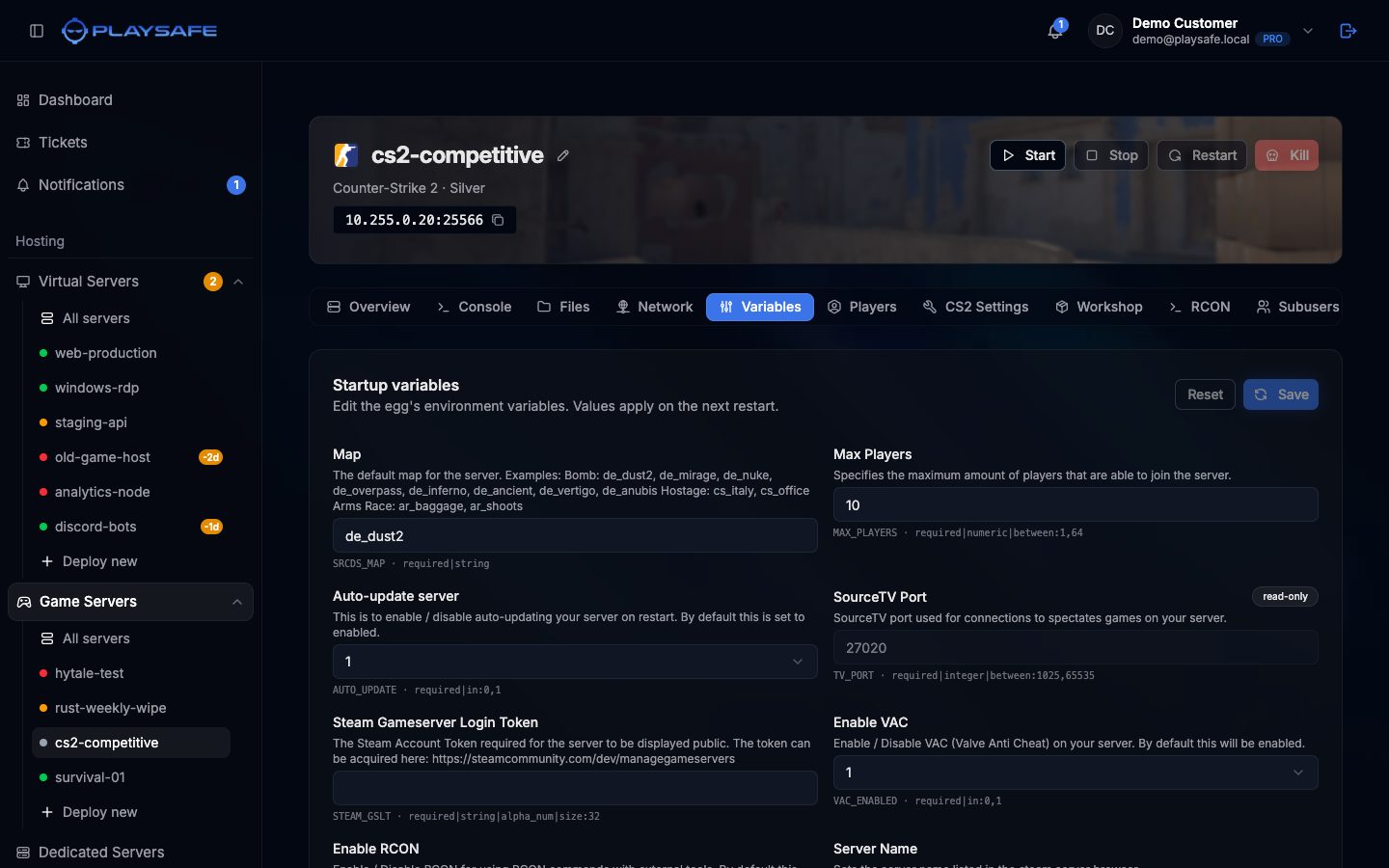 Variables tab of a Counter-Strike 2 server with the Startup variables card