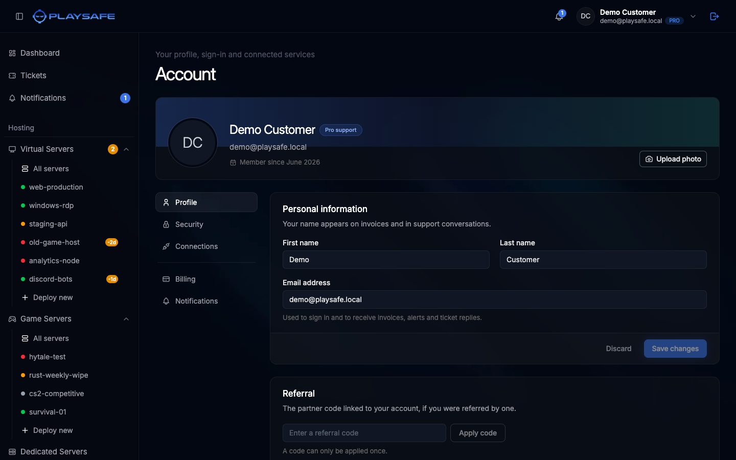 Account page with the Profile section open
