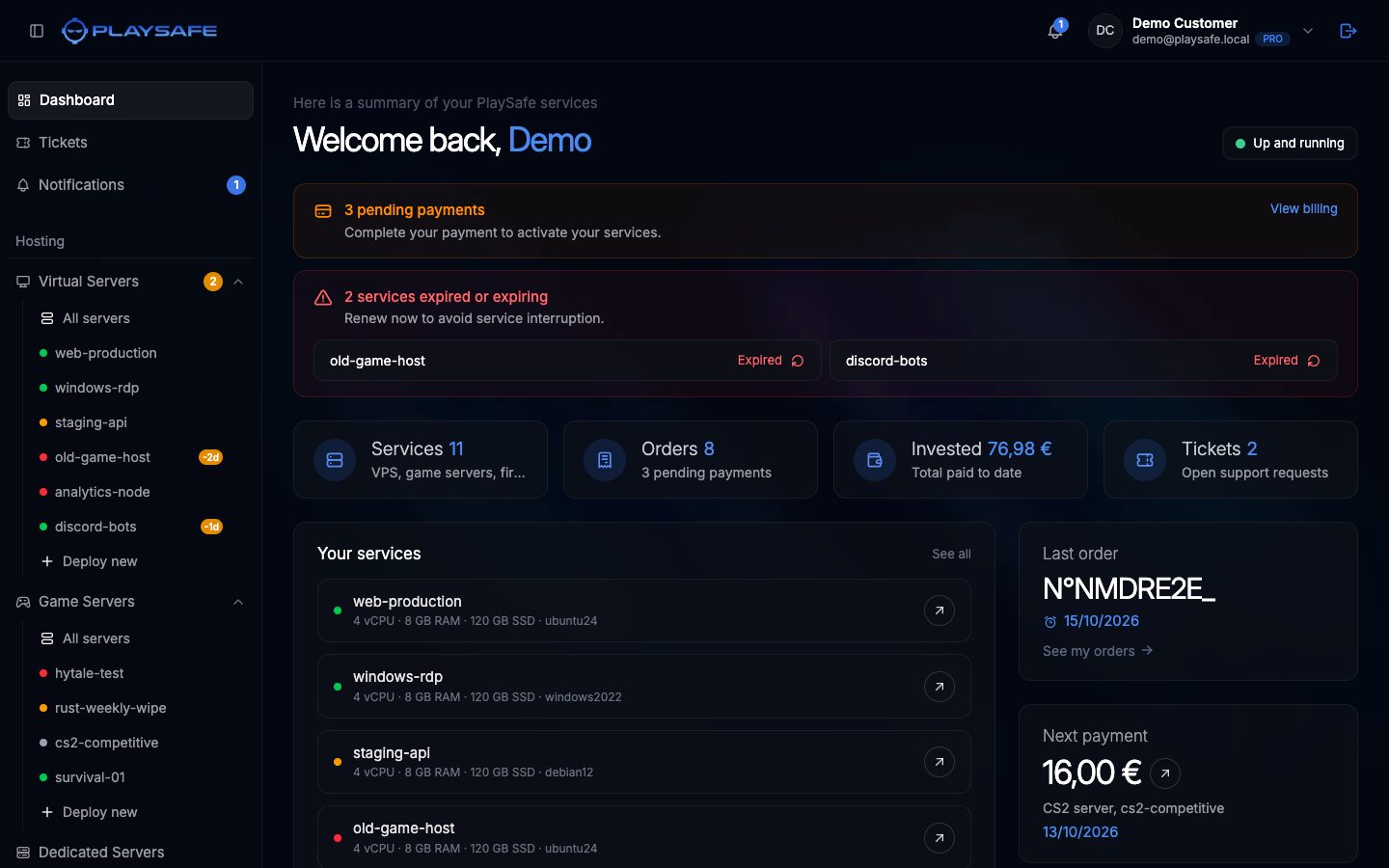PlaySafe panel dashboard with the sidebar on the left and the service summary on the right