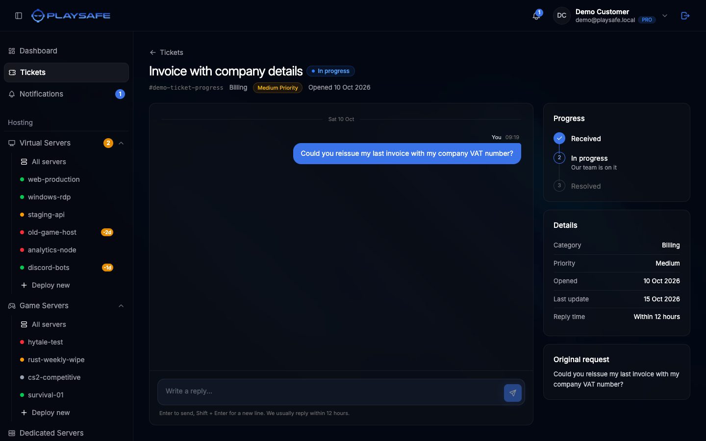 Ticket conversation with the progress and details panels