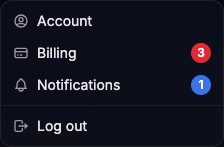 User menu with Account, Billing, Notifications and Log out