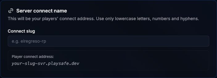 Server connect name card with the Connect slug field and the player connect address preview