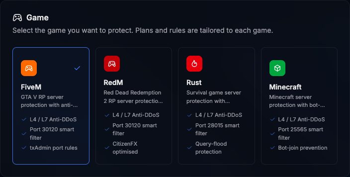 Game card of the Deploy Firewall page with FiveM, RedM, Rust and Minecraft
