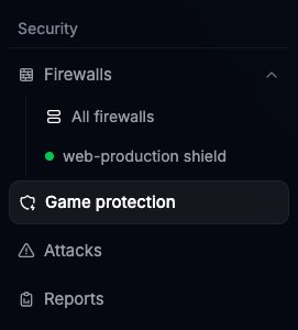 Security section of the panel sidebar with Firewalls, Game protection, Attacks and Reports
