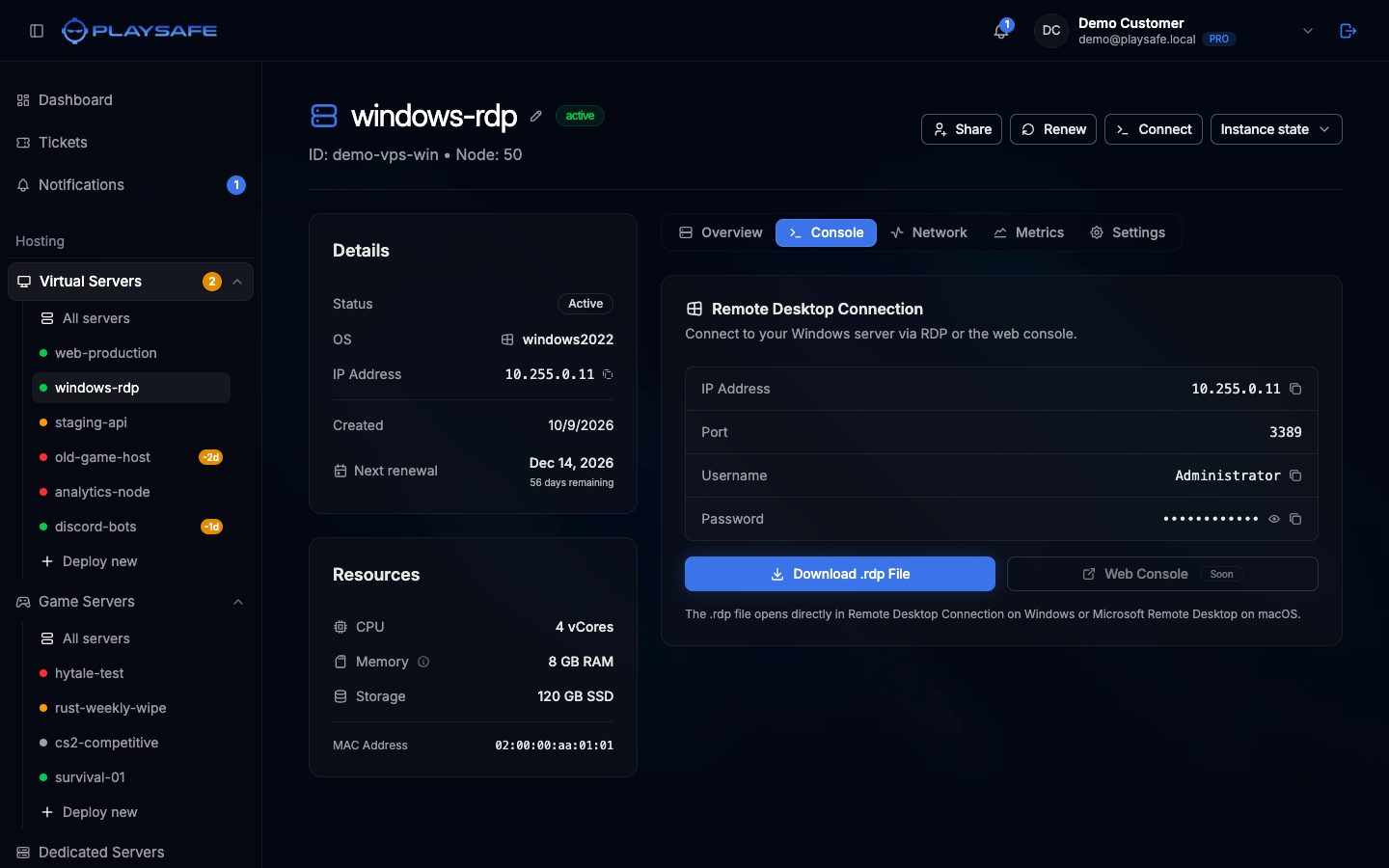 Console tab of a Windows VPS with the Remote Desktop details