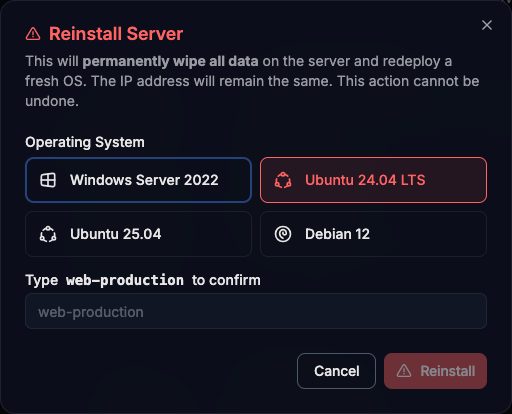 Reinstall Server dialog with the operating system choice and the name confirmation