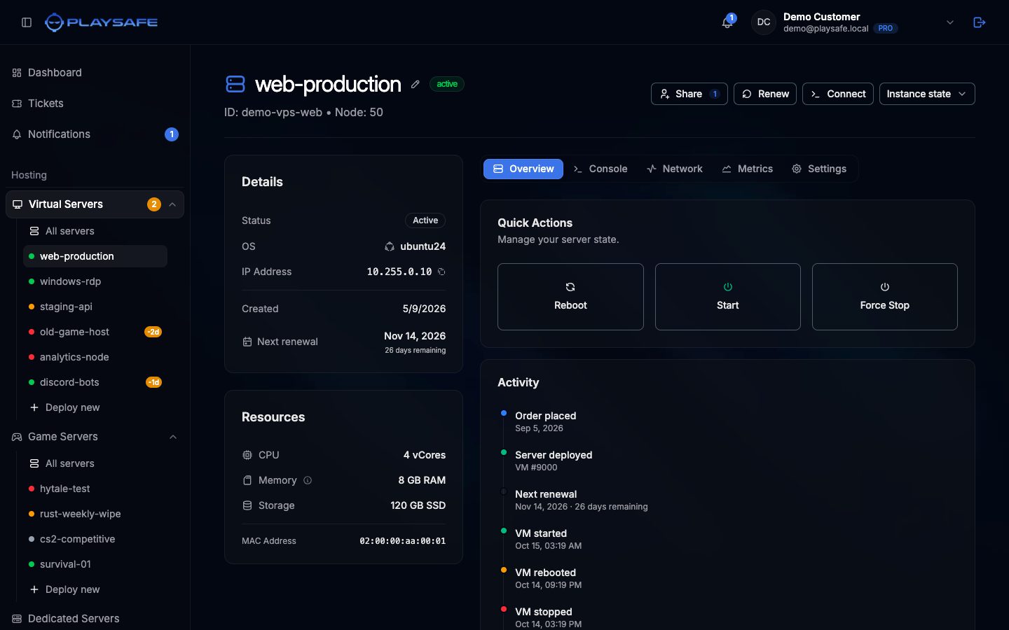 VPS detail page with the Overview tab open