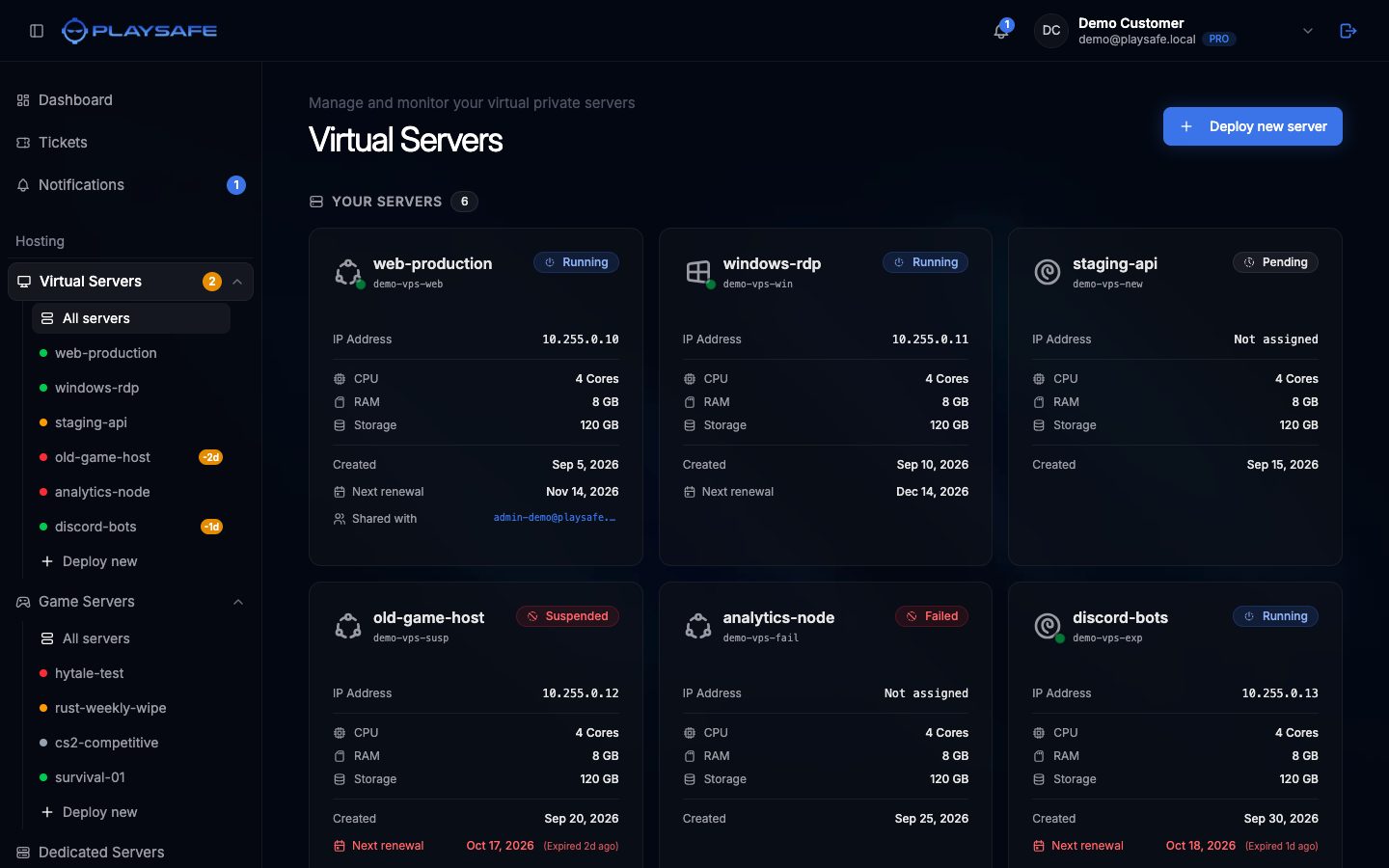 Virtual Servers list in the PlaySafe panel